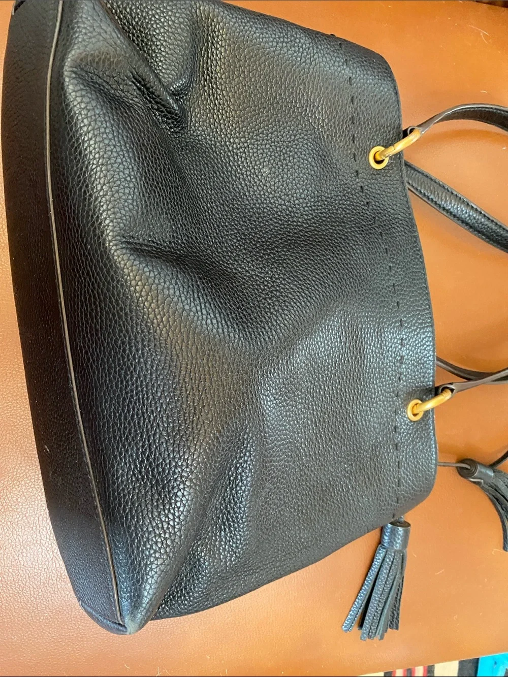 Tory Burch Black Pebbled Leather Shoulder Bag with Tassels